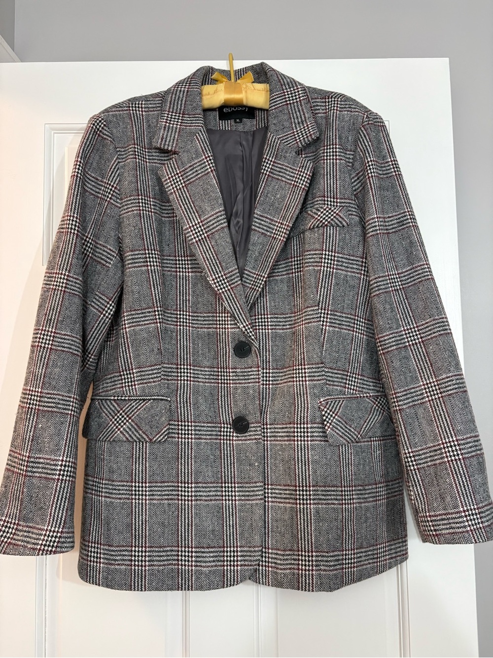 Plaid Single-Breasted Blazer in Gray and Black with Red Windowpane